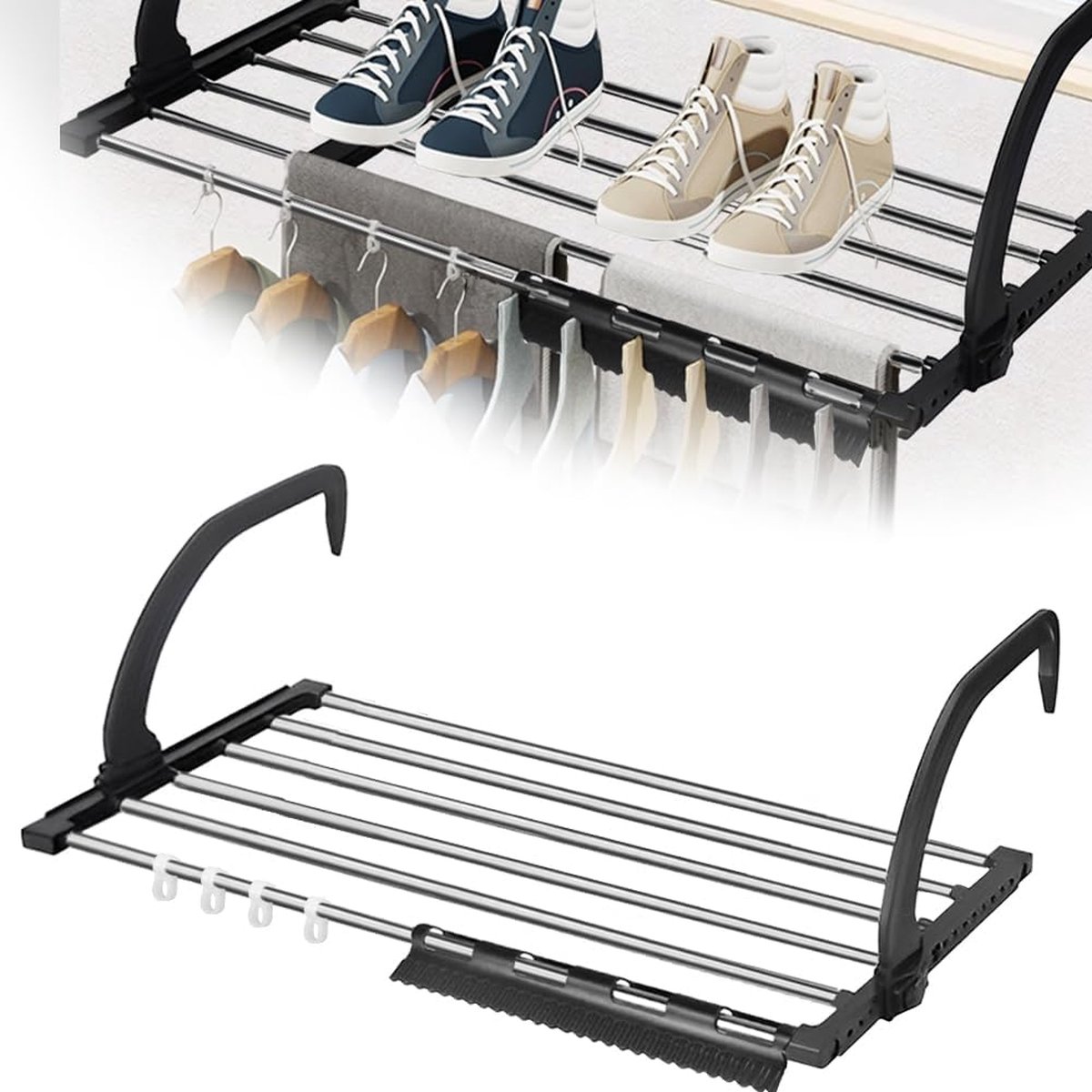 Goedkoopste Balkonwasdroger, roestvrij staal, 67 cm, balkondroger, inklapbaar, hangdroger, wasrek, wanddroger, radiator, zwart, hangwasdroger, washanger, balkon, droger voor binnen en buiten