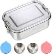 1-delige zilveren lunchbox met verdelers, 850 ml lunchbox, roestvrij staal en 2 stuks, 50 ml saladedressingcontainer, snackbox, roestvrijstalen sluiting voor picknicks, kamperen, scholen