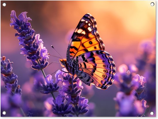 Tuinposter vlinder - Tuindecoratie lavendel paars - 80x60 cm - Bloemen poster voor in de tuin - Buiten decoratie vlinders - Schutting tuinschilderij - Tuindoek muurdecoratie - Wanddecoratie balkondoek