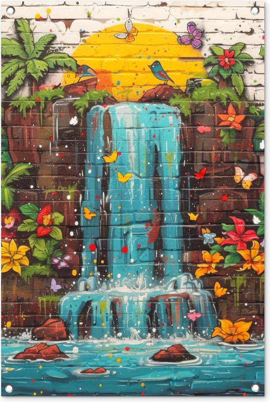 Tuinposters buiten Graffiti - Waterval - Kleurrijk - Bloemen - Street art - 60x90 cm - Tuindoek - Buitenposter..