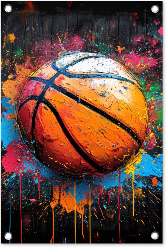 Tuinposter 40x60 cm - Tuindecoratie - Graffiti - Basketbal - Verf - Sport - Street art - Poster voor in de tuin - Buiten decoratie - Schutting tuinschilderij - Muurdecoratie - Buitenschilderijen - Tuindoek - Buitenposter..