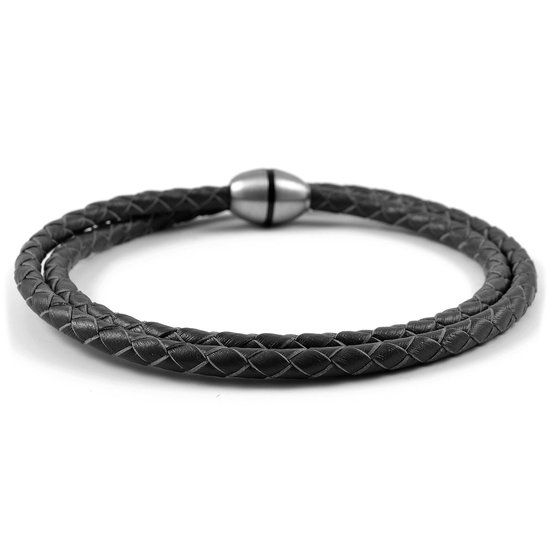 Lucleon - Bolo - Armband voor heren van zwart gevlochten leer en roestvrij staal