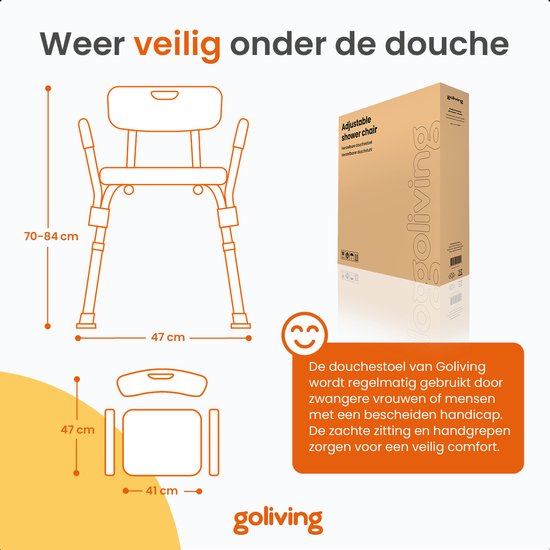 Goliving Verstelbare Douchestoel - Afneembare Arm- en Rugleuning - Douchekruk met Douchekop houder - Antislip - 3.2 kg - Zithoogte 36-51 cm - Wit