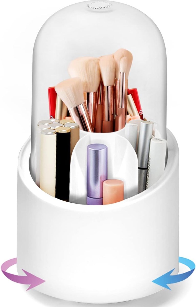 Cosmetica-organizer, make-up-organizer, 360 graden draaibare borstelhouder, borstelopslag met deksel, hoge capaciteit, gemakkelijk te reinigen, badkamerkwastenopslag