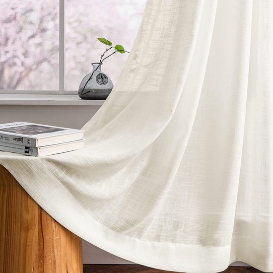 Beige gordijnen transparante gordijnen in linnenlook voor woonkamer slaapkamer set van 2 225x140cm