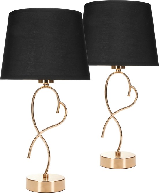 BRUBAKER Set van 2 Tafellampen of Bedlampjes - Hart swing - Woon of slaapkamer - Gebogen decoratieve Tafellampen - metaal, 49 cm - Goud Zwart