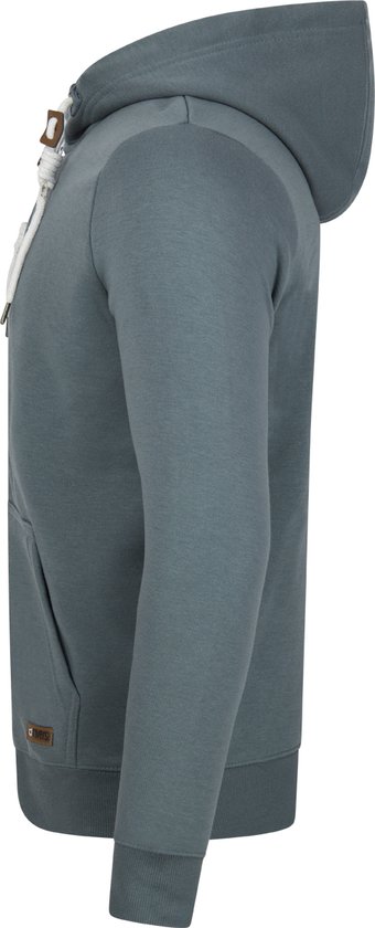 Zijaanzicht van een blauwgrijze hoodie met rits, capuchon, kangoeroezak en witte koordjes.