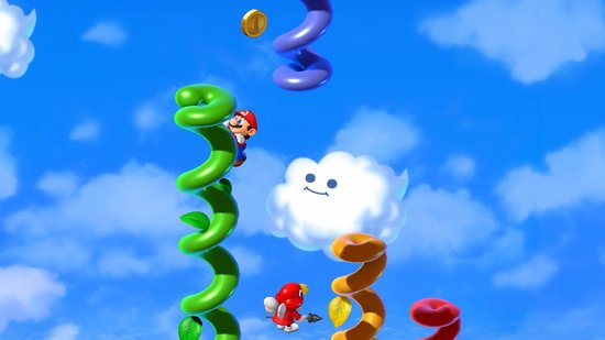 Mario klimt op groene spiralen, met een wolk en een gouden munt op de achtergrond.
