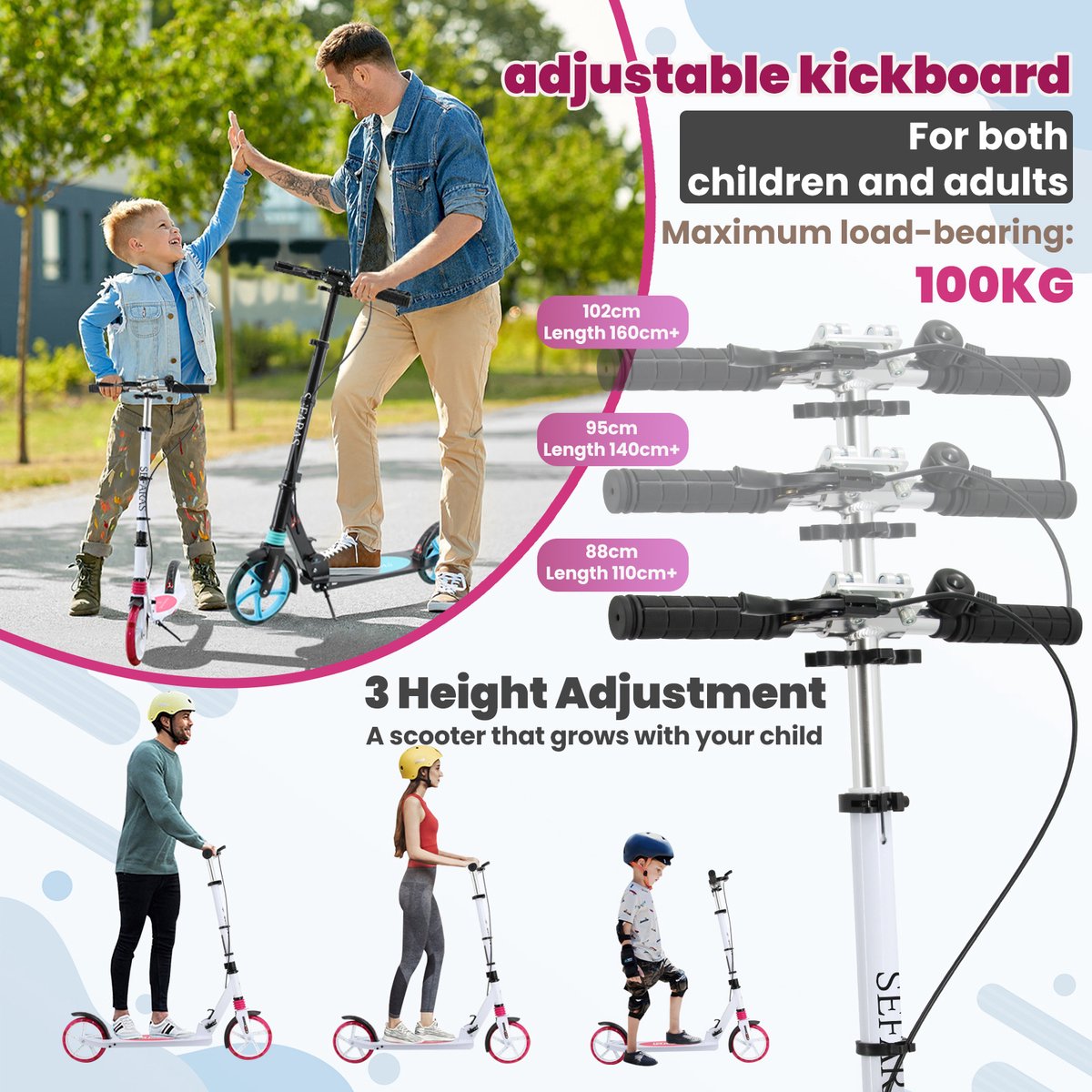 Sefaras Step voor Volwassenen - Kinderstep met Rem - Opvouwbaar - Autoped - Max 110KG - Vering - Met grote wielen - Roze — afbeelding 6