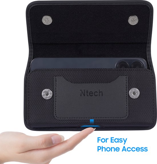 Holster de téléphone noir ouvert avec téléphone, marque Ntech et texte 'For Easy Phone Access'.