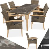 tectake® - wicker meubelset, 6x stoelen, 1x tafel, modern, rieten stoel met armleuning, eettafel marmerlook, eetkamer lounge tuinmeubelen voor balkon, terras, wintertuin, buitenkeuken - naturel - poly-rattan