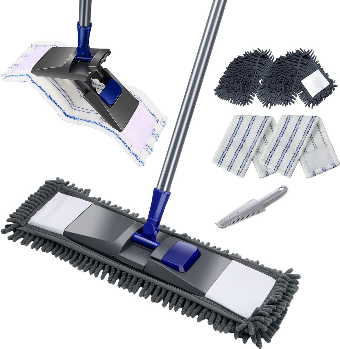 Goedkoopste Platte vloerwisserset, 128 cm chenille platte mop met 4 dweilpads, wisserset voor snelle reiniging van de vloer, zand/stoftool - blauw