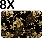 BWK Flexibele Placemat - Gouden Chinese Bloemen op Zwarte Achtergrond - Set van 8 Placemats - 45x30 cm - PVC Doek - Afneembaar