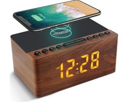 Digitale wekker van hout met draadloos laadstation, 10 W, snelle draadloze oplader voor iPhone/Samsung Galaxy, led-display met 5-traps dimmer, USB-oplaadpoort, klokradio zonder tikken, bruin