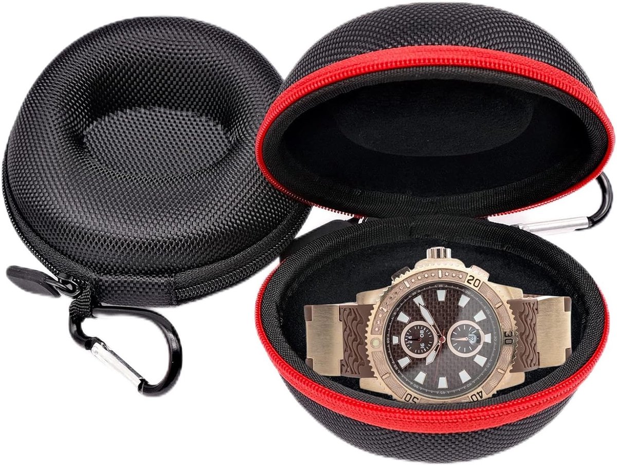 2 stuks horlogeetui met karabijnhaak, ronde draagbare single watch reiskoffer, horlogebox met ritssluiting en gevoerd, EVA-horlogehoes voor het vasthouden van polshorloges en smartwatch, zwart, rood