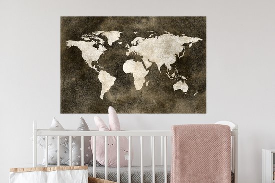 Sticker Muursticker Cartes du monde du Wereldkaart avec motif texturé dans les tons marron - 90x60 cm - Film adhésif autocollant - Sticker mural repositionnable