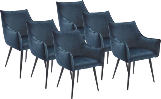 Set van 6 stoelen met armleuningen in stof en zwart metaal – Blauw – ODILONA L 58 cm x H 83 cm x D 58 cm