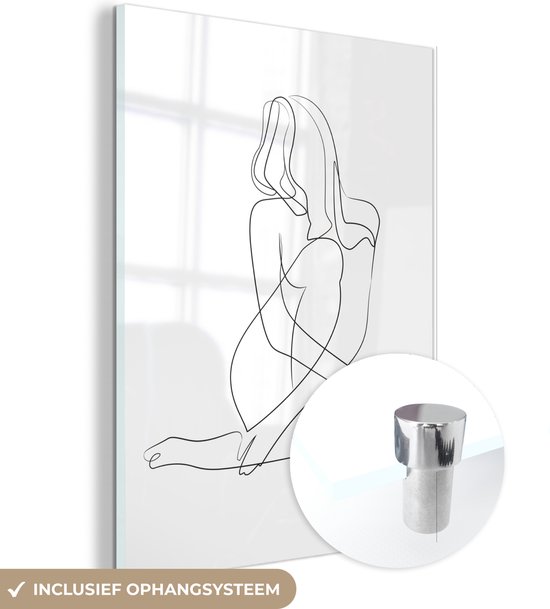 MuchoWow® Glasschilderij 30x40 cm - Schilderij acrylglas - Line art elegante naakte vrouw staand - Foto op glas - Schilderijen