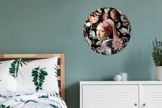 WallCircle - Stickers muraux - Cercle de papier peint - Fille à la boucle d'oreille en perle - Fleurs - Vermeer - Pastel - Oeuvre d'art - Peinture - Maîtres anciens - 80x80 cm - Cercle mural - Autocollant - Autocollant de papier peint rond