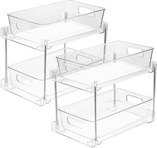 SUMAITech Onder de wastafel rek metaal, 2 etages spoelkastorganizer, onderkast-organizer, uittrekbaar, organizer keukenkast voor keuken, onderkasten badkamer, wit (2 stuks