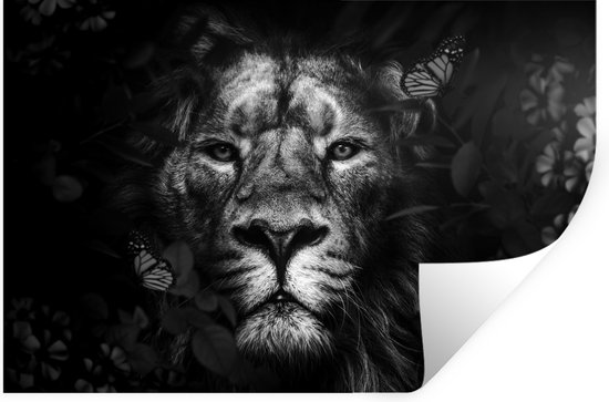 Muurstickers - Sticker Folie - Leeuw met vlinders en bloemen in de jungle - zwart wit - 120x80 cm - Plakfolie - Muurstickers Kinderkamer - Zelfklevend Behang - Zelfklevend behangpapier - Stickerfolie