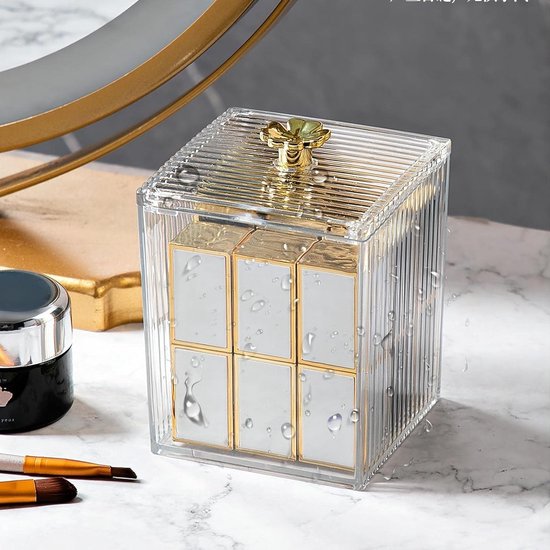 Boîte De Rangement En Acrylique Transparent Avec Couvercle En Bambou - Pour Cotons-tiges, Boules De Coton, Accessoires De Maquillage - Organisateur Salle De Bain