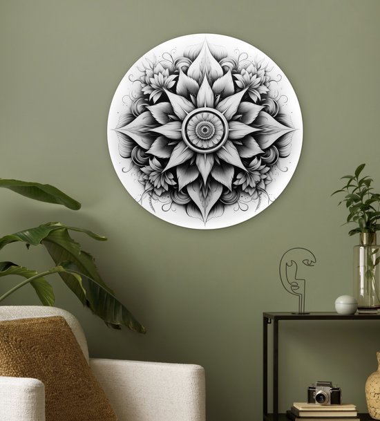 WallCircle - Cercle mural ⌀ 60 - Mandala - Zwart - Wit - Fleurs - Tableaux ronds salon - Plaque murale ronde - Cercle de Décoration murale - Décoration de chambre à l'intérieur - Cercle Décoration murale - Accessoires de maison