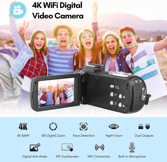 Digitale Camcorder Videocamera 16x HD 32GB - 270° Rotatie Zwart
