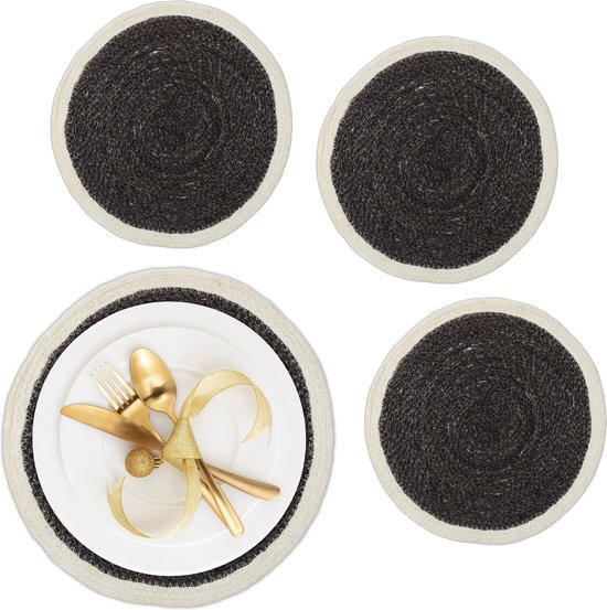 Secret de Gourmet Tafel Placemat - Set van 6x stuks - zeegras en grijs - rond - Dia 39