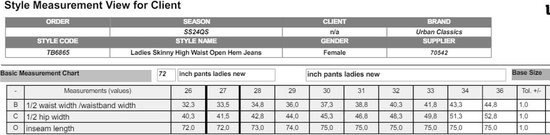 Maattabel voor dames skinny high waist open hem jeans in inch.