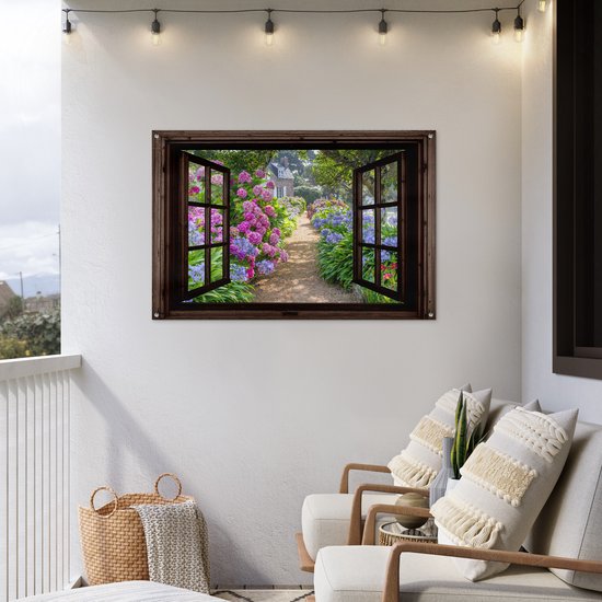 Tuinposter doorkijk bloemen - Donkerbruin raam - Tuindecoratie hortensia - 120x80 cm - Tuinschilderij voor buiten paars - Tuindoek - Wanddecoratie tuin - Schuttingdoek - Balkon decoratie - Muurdecoratie - Buitencanvas tuinversiering