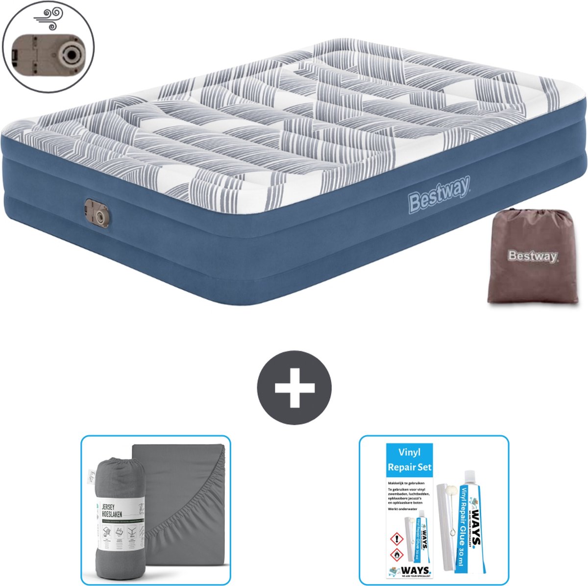 Bestway luchtbed - 2-Persoons - 152 x 203 x 36 cm - Blauw - Inclusief pomp - Hoeslaken en Reparatieset