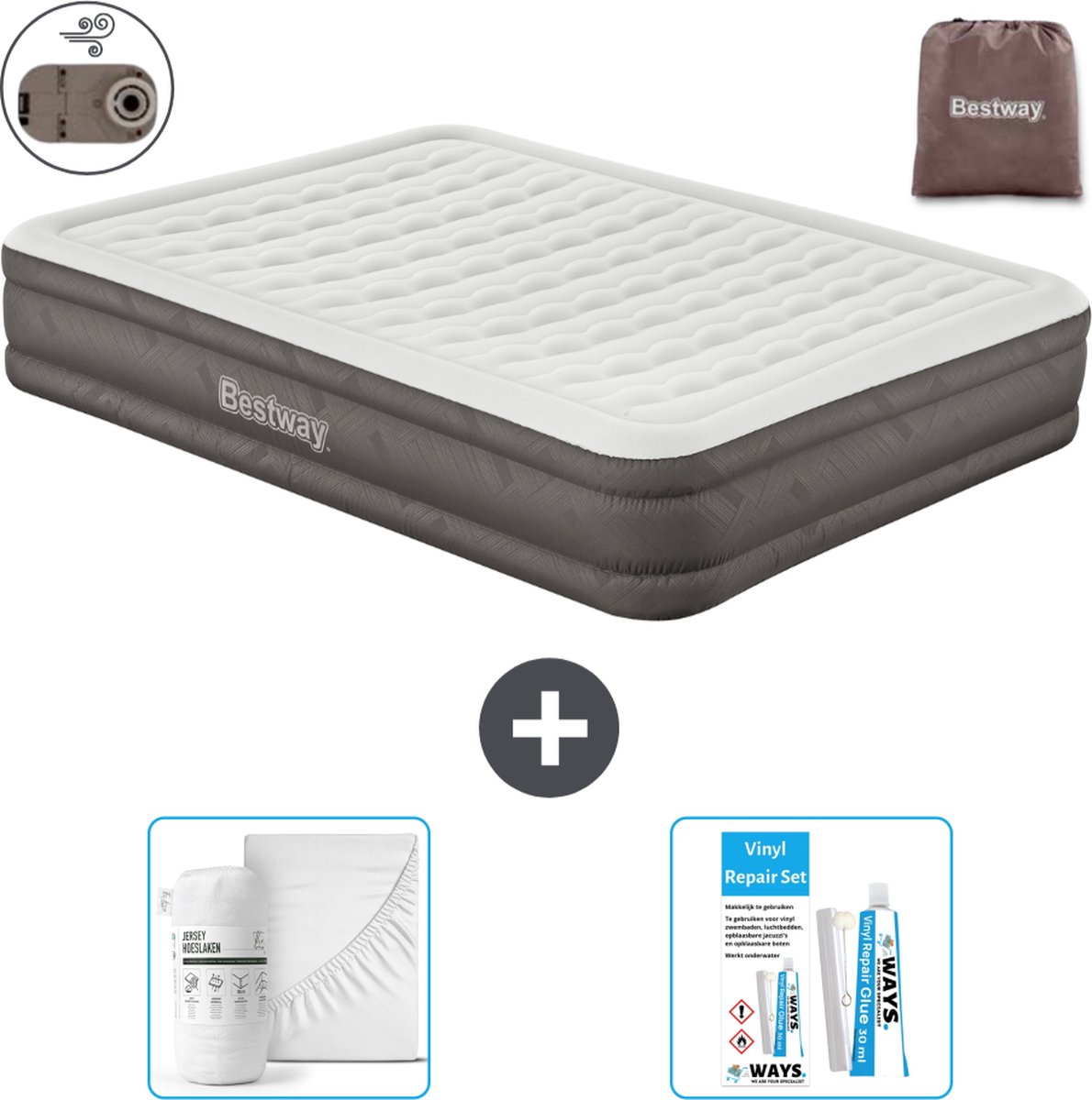 Bestway luchtbed - 2-Persoons - 152 x 203 x 36 cm - Bruin - Inclusief pomp - Hoeslaken en Reparatieset