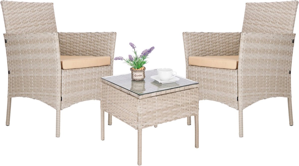 Springos Tuinset - 2 Delig - Stoelen - Tafel - Rotan - Beige