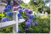 Tuinposter - Tuindoek - Tuinposters buiten - Piket hek met hortensia - 120x80 cm - Tuin