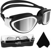 Gepolariseerde zwembril - Anti-condens, UV-bescherming, geen lekkage - Voor mannen, vrouwen, volwassenen, en tieners - Zwart en wit/zilver spiegellens swimming glasses