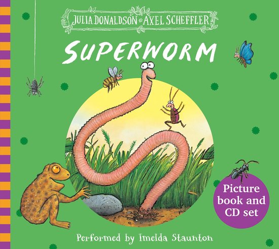 La couverture du livre Superworm, avec un long ver rose, une grenouille, une fourmi, une mouche, une libellule et des papillons sur fond vert.