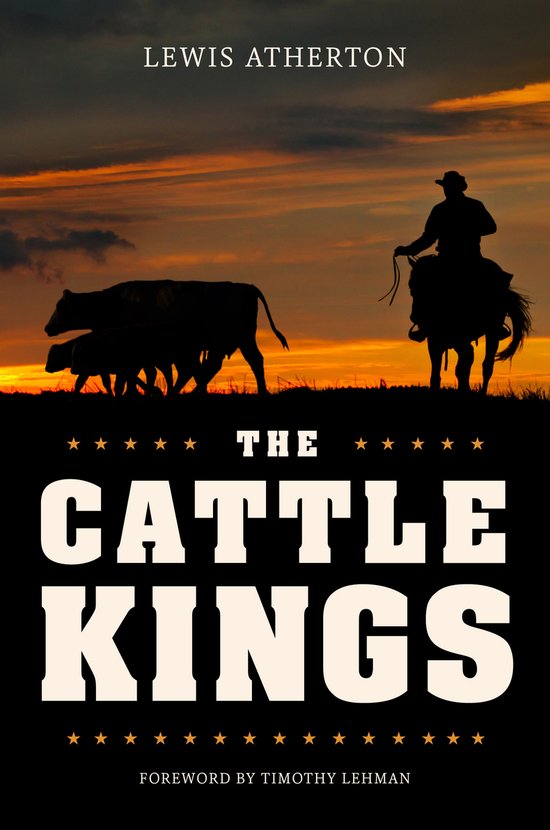 Couverture du livre : silhouettes d'un cowboy à cheval et de bétail sur fond de coucher de soleil.