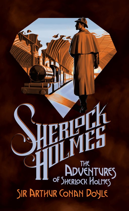 Boekomslag van The Adventures of Sherlock Holmes met een silhouet van Holmes op een treinstation in warme tinten.