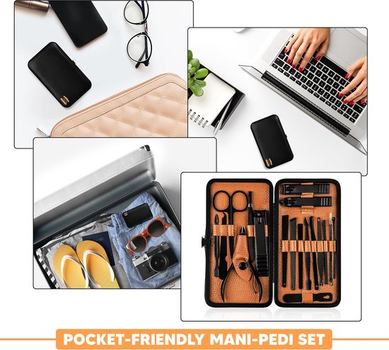 Manicure Set Voor Vrouwen - 18-delige Manicure Set Voor Vrouwen & Mannen - Nagelset Hulpmiddelen & Accessoires - Nagelverzorgingsset Met Reisetui - Luxe Cadeau Voor Geliefden (Oranje/Zwart)