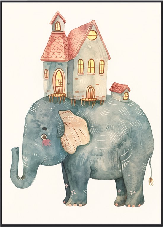 No Filter kinderkamer poster - Olifant met huis - Babykamer decoratie - 21x30 cm - A4 formaat - 1 stuks