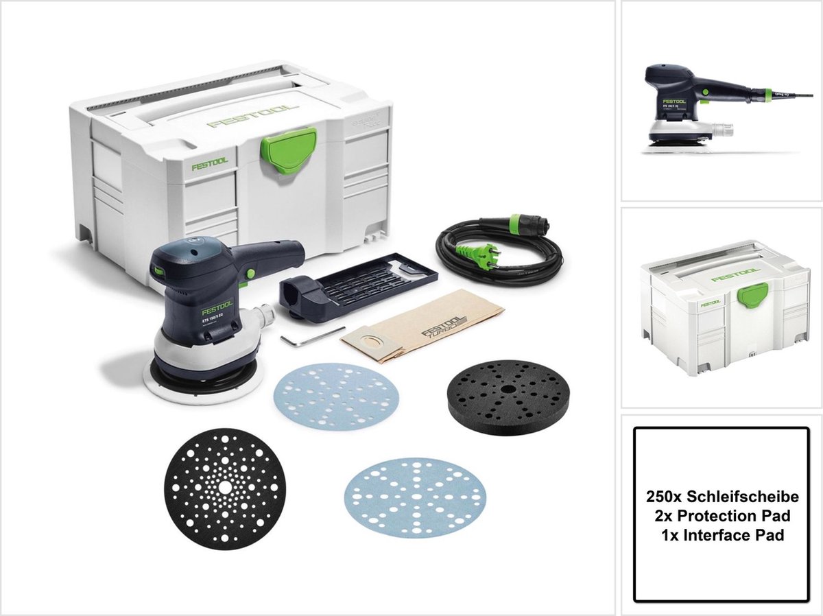 Festool ETS 150/5 EQ-Plus excenterschuurmachine 310 W 150 mm + 250x schuurschijf + 2x steunschijf + steunschijf + systainer