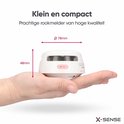 Compacte witte rookmelder in een hand, afmetingen 78mm breed en 48mm hoog.