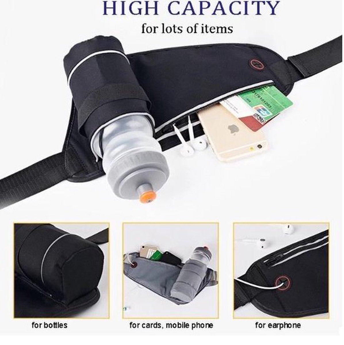 Ceinture Boa L'Original Heuptas – 2 ultra-rekbare zakken – sport, hardlopen, joggen, paardrijden, fitness, reizen, wandelen, telefoonopslag, drinkfles, anti-pick-up riem, Zwart, L/XXL, Eigentijds
