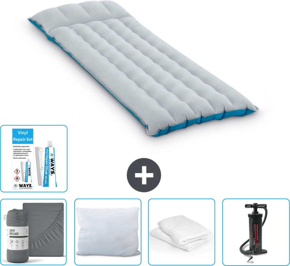 Intex Campingmat - 1-Persoons - 67 x 184 x 17 cm - Blauw - Inclusief Hoeslaken - Kussen - Pomp - Reparatieset en Kussenbeschermer