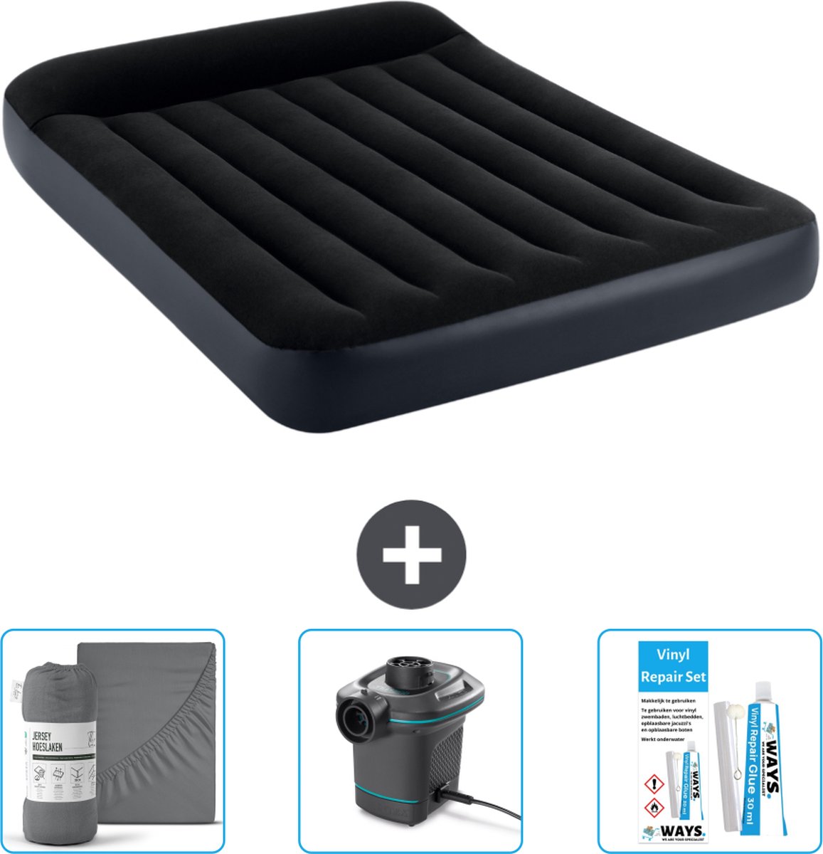 Intex Luchtbed - Twijfelaar - 137 x 191 x 25 cm - Donkerblauw - Inclusief Hoeslaken - Pomp en Reparatieset