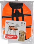 Een feloranje zwemvest voor honden, maat M, in plastic verpakking met informatie en afbeeldingen.