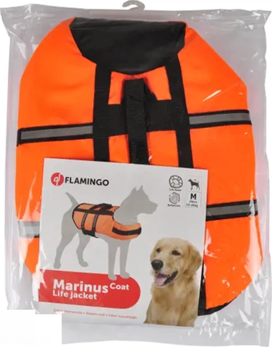 Een feloranje zwemvest voor honden, maat M, in plastic verpakking met informatie en afbeeldingen.