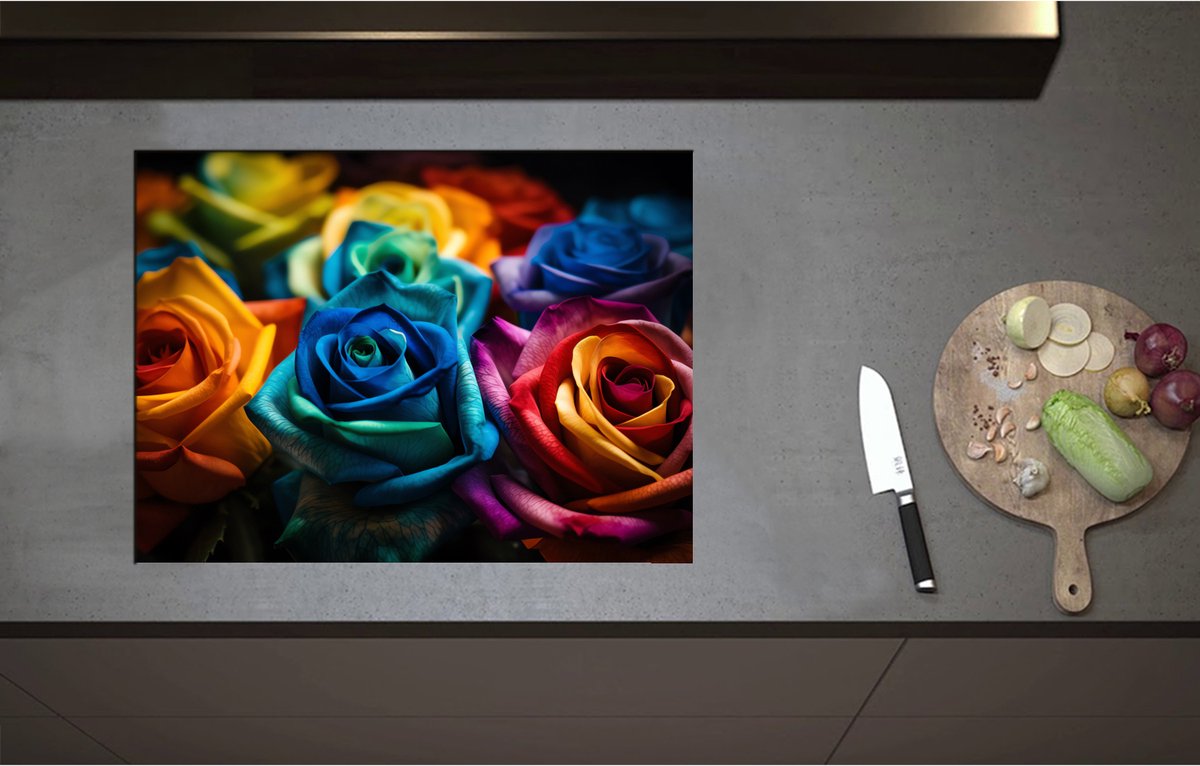 Inductieplaat Beschermer - Boeket van Rozen in Meerdere Felle Kleuren - 70x52 cm - 2 mm Dik - Inductie Beschermer - Bescherming Inductiekookplaat - Kookplaat Beschermer van Wit Vinyl