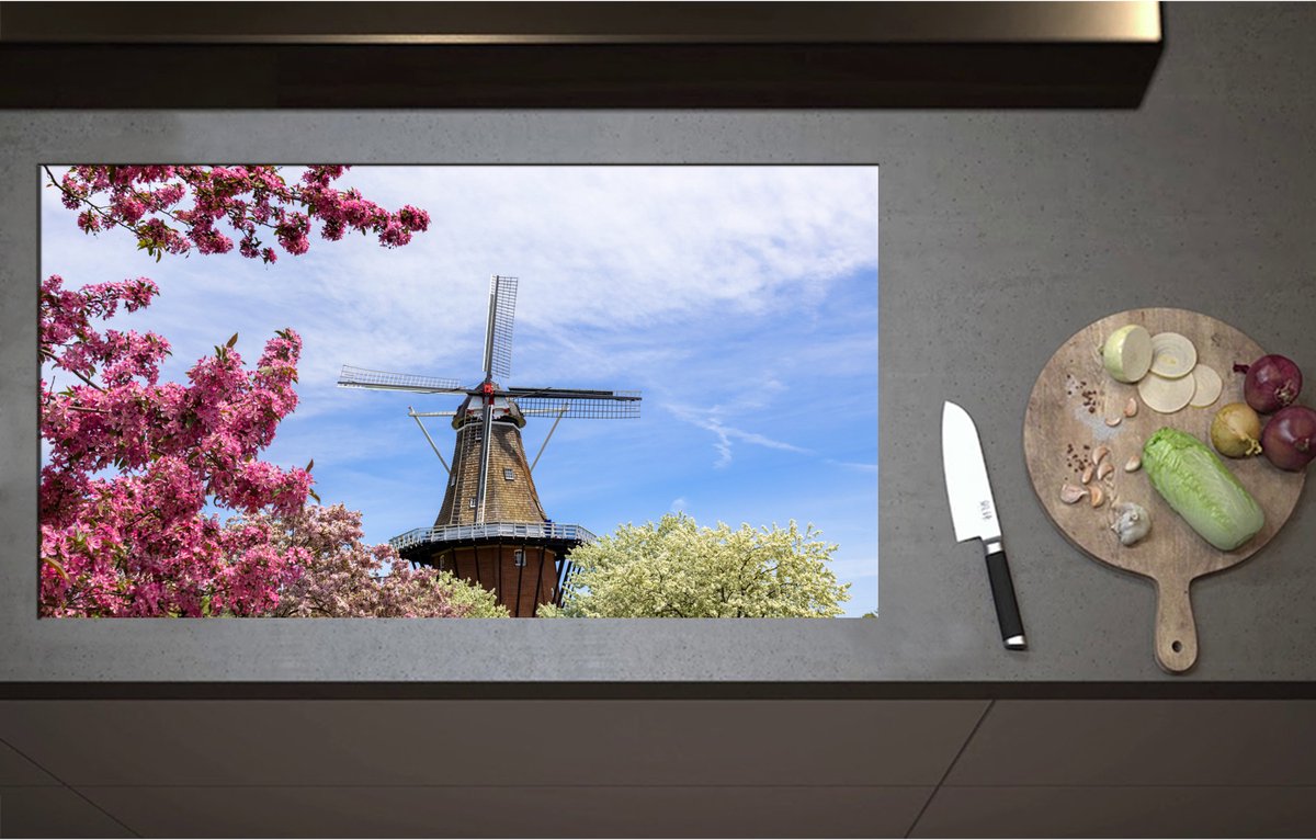 Inductieplaat Beschermer - Bloesembomen voor Traditione Molen in Nederland - 95x52 cm - 2 mm Dik - Inductie Beschermer - Bescherming Inductiekookplaat - Kookplaat Beschermer van Zwart Vinyl